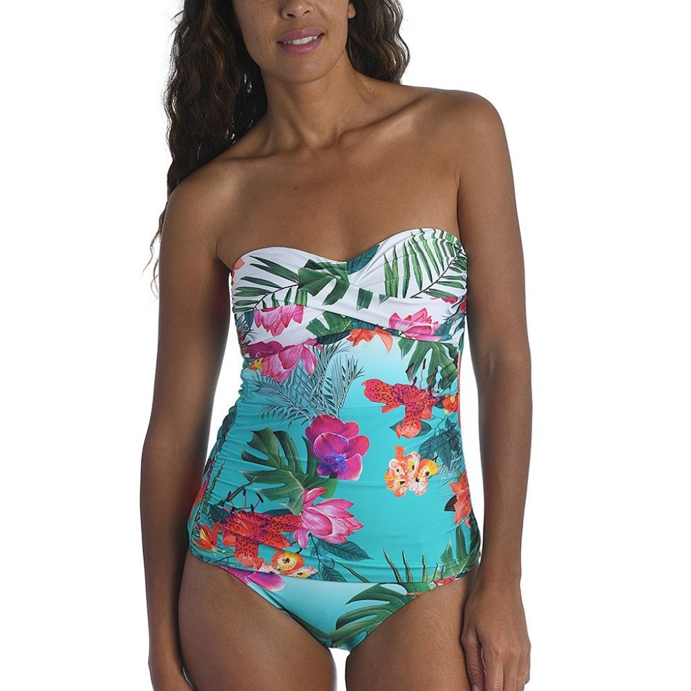 LA BLANCA Tropicalia Floral Tankini Top Size 4 XS Bright Aqua Tropical NEW